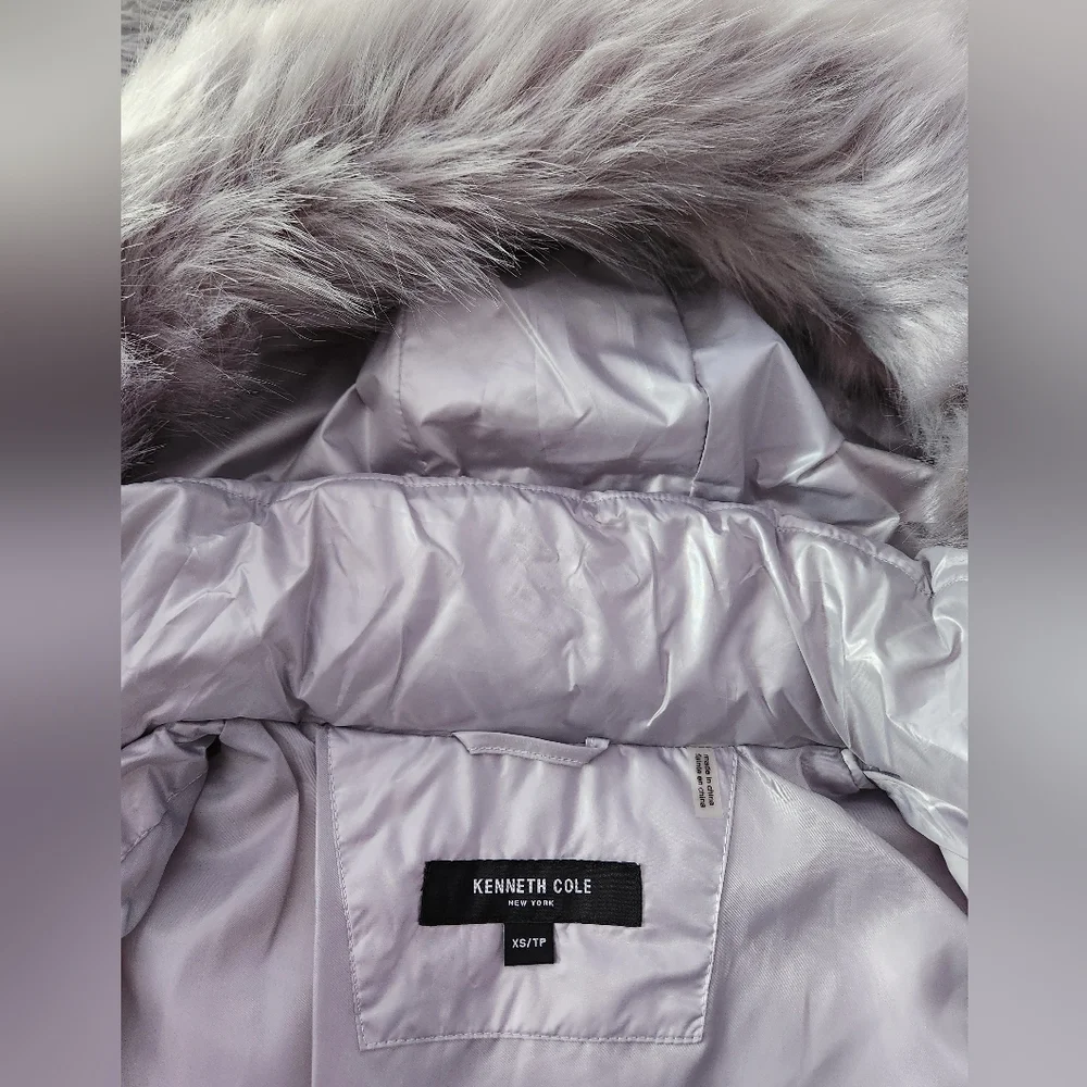 Silver Quilted Puffer Jacket with Faux Fur Hood